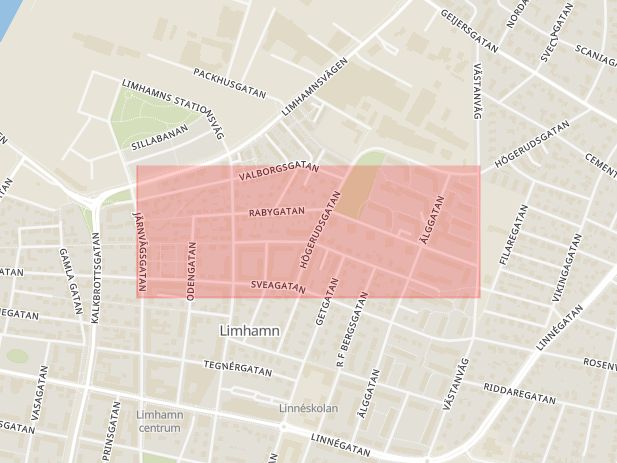 Karta som med röd fyrkant ramar in Rabygatan, Limhamn, Malmö, Skåne län