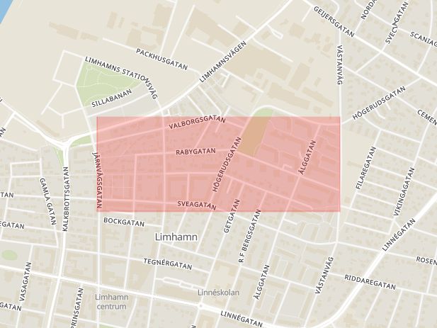 Karta som med röd fyrkant ramar in Limhamn, Rabygatan, Malmö, Skåne län