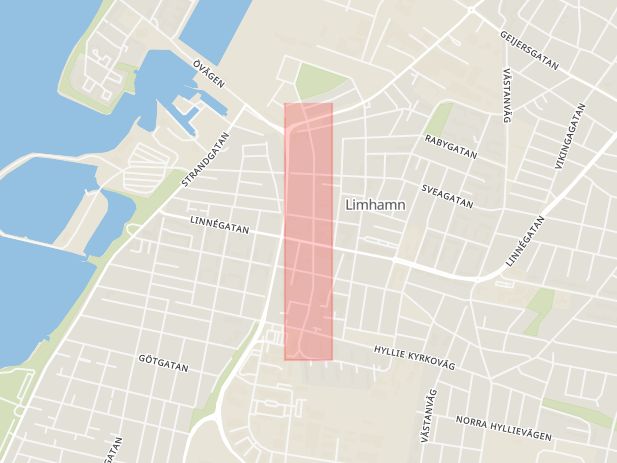 Karta som med röd fyrkant ramar in Limhamn, Järnvägsgatan, Malmö, Skåne län