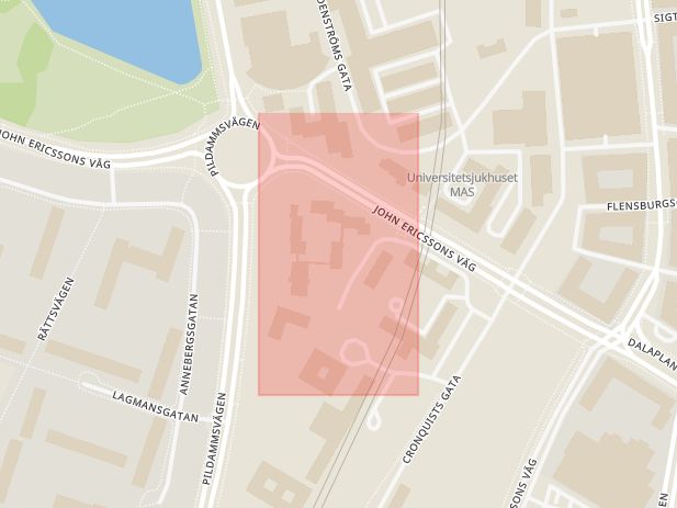 Karta som med röd fyrkant ramar in John Ericssons Väg, Södra Förstadsgatan, Malmö, Skåne län