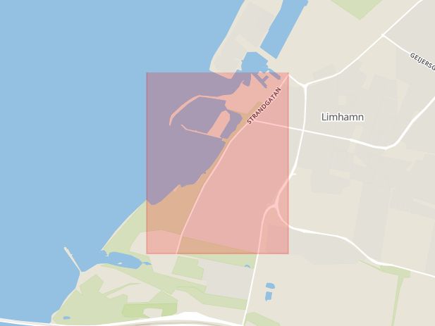 Karta som med röd fyrkant ramar in Strandgatan, Limhamn, Malmö, Skåne län