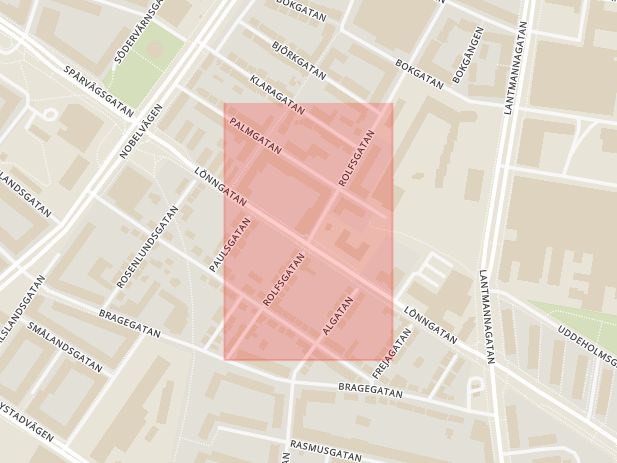 Karta som med röd fyrkant ramar in Södra Sofielund, Rolfsgatan, Malmö, Skåne län