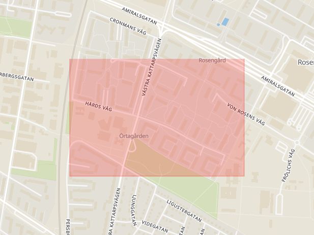 Karta som med röd fyrkant ramar in Rosengård, Hårds Väg, Malmö, Skåne län