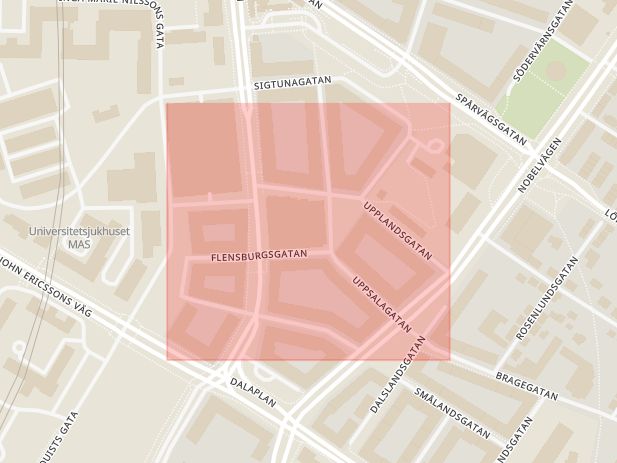 Karta som med röd fyrkant ramar in Upplandsgatan, Malmö, Skåne län