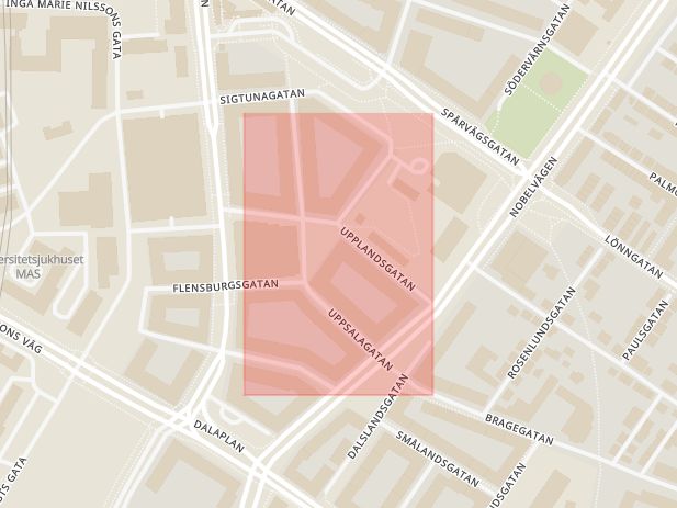 Karta som med röd fyrkant ramar in Södervärn, Upplandsgatan, Malmö, Skåne län