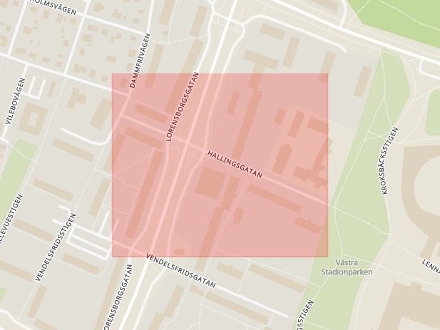 Karta som med röd fyrkant ramar in Hyllie, Hallingsgatan, Malmö, Skåne län