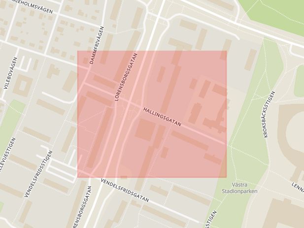 Karta som med röd fyrkant ramar in Hallingsgatan, Malmö, Skåne län