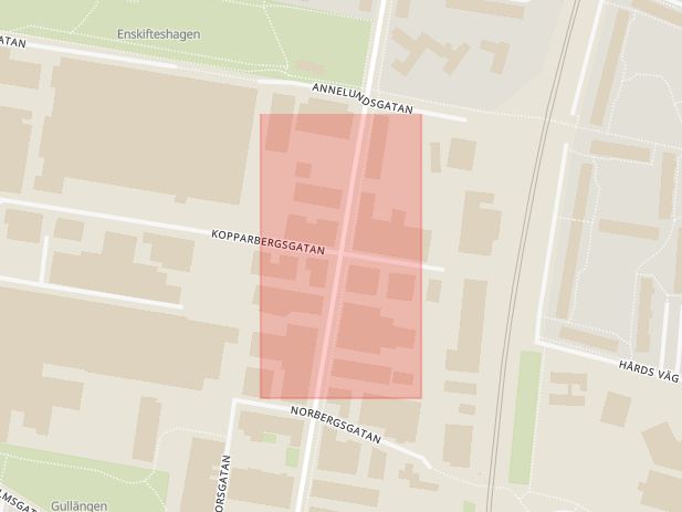 Karta som med röd fyrkant ramar in Annelund, Kopparbergsgatan, Norra Grängesbergsgatan, Malmö, Skåne län