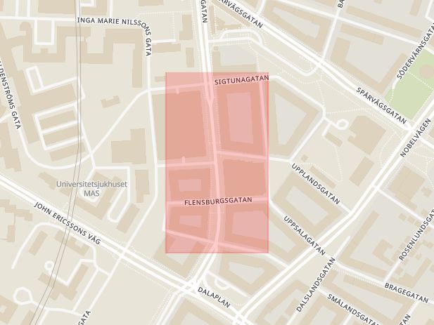 Karta som med röd fyrkant ramar in Södra Förstadsgatan, Upplandsgatan, Malmö, Skåne län