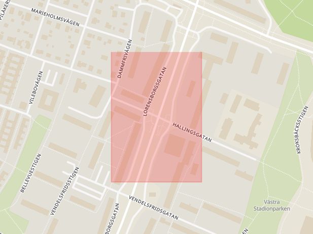 Karta som med röd fyrkant ramar in Lorensborg, Hallingsgatan, Malmö, Skåne län