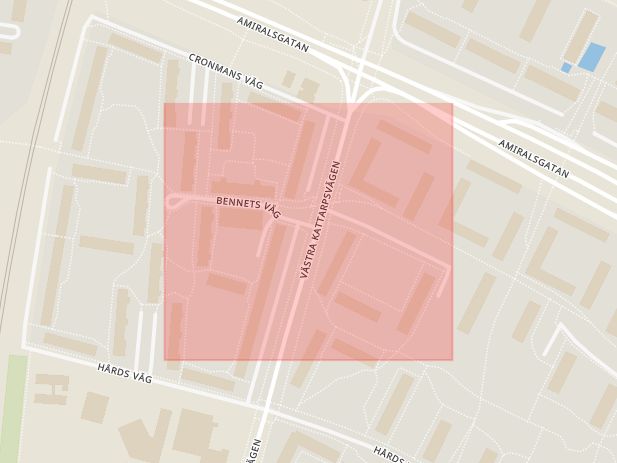 Karta som med röd fyrkant ramar in Bennets Väg, Hårds Väg, Vitemöllegatan, Thomsons Väg, Malmö, Skåne län