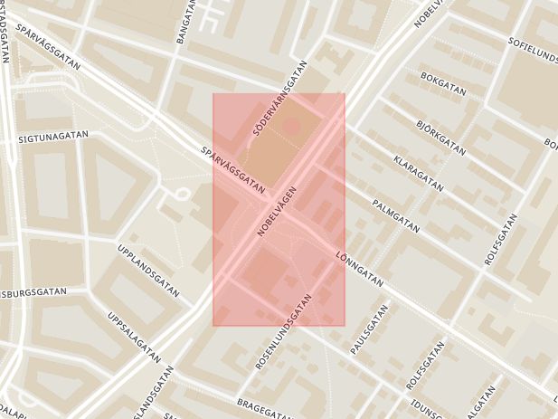 Karta som med röd fyrkant ramar in Lönngatan, Nobelvägen, Malmö, Skåne län