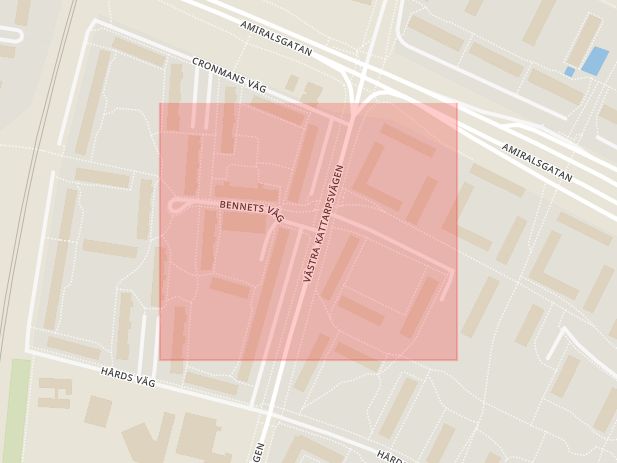 Karta som med röd fyrkant ramar in Bennets Väg, Malmö, Skåne län
