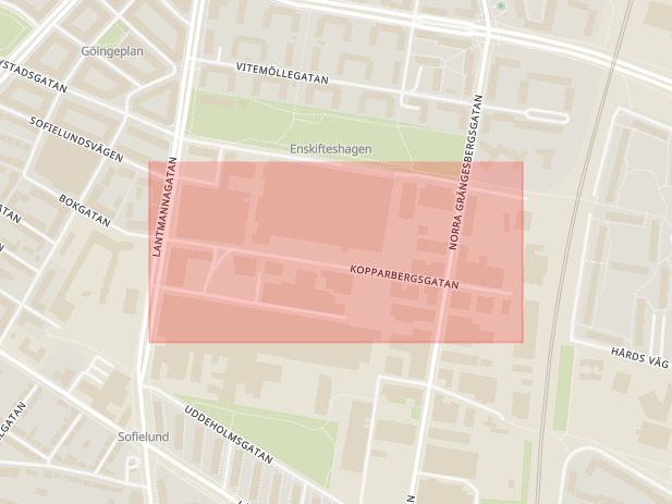 Karta som med röd fyrkant ramar in Kopparbergsgatan, Malmö, Skåne län