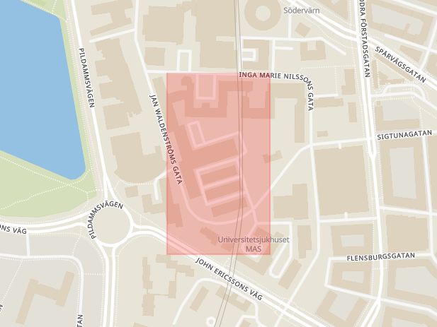 Karta som med röd fyrkant ramar in Jan Waldenströms Gata, Malmö, Skåne län