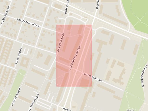 Karta som med röd fyrkant ramar in Annetorpsvägen, Lorensborgsgatan, Malmö