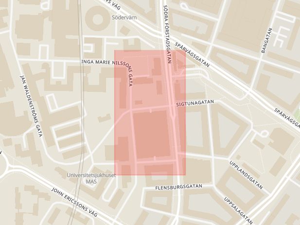 Karta som med röd fyrkant ramar in Östra Farmvägen, Möllevångstorget, Södervärn, Fritz Bauers Gata, Malmö, Skåne län