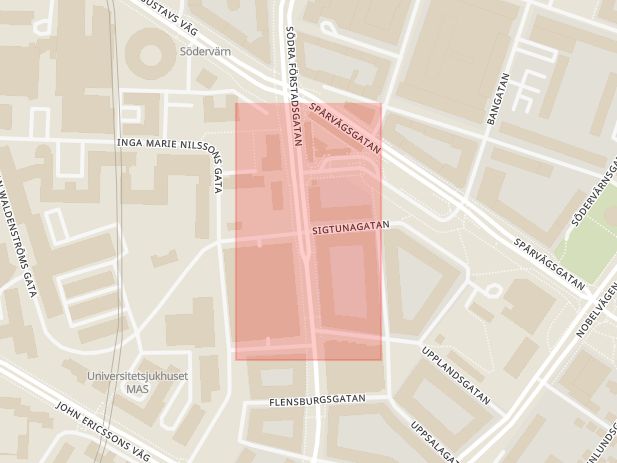 Karta som med röd fyrkant ramar in Sigtunagatan, Södra Förstadsgatan, Malmö, Skåne län