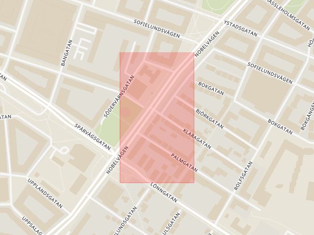 Karta som med röd fyrkant ramar in Nobelvägen, Bragegatan, Malmö, Skåne län