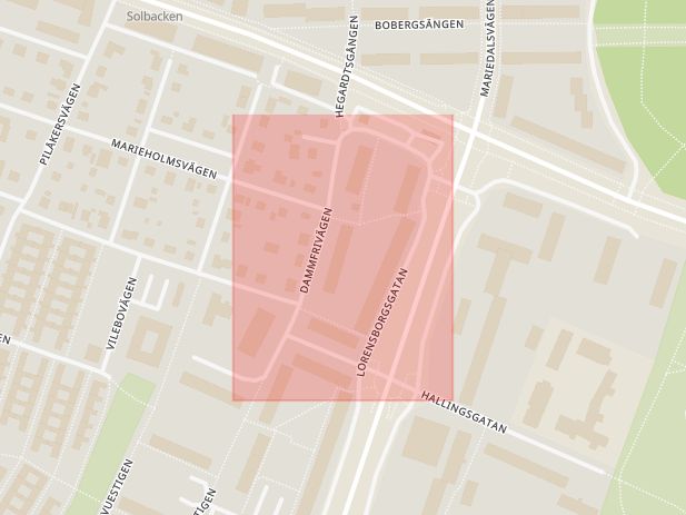 Karta som med röd fyrkant ramar in Dammfrivägen, Malmö, Skåne län