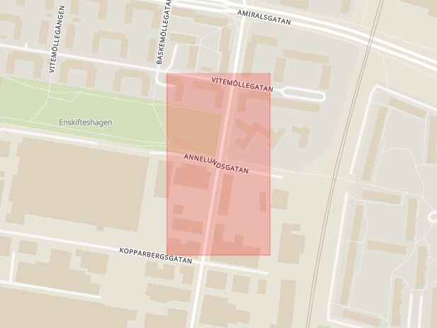 Karta som med röd fyrkant ramar in Annelund, Norra Grängesbergsgatan, Annelundsgatan, Kopparbergsgatan, Malmö, Skåne län