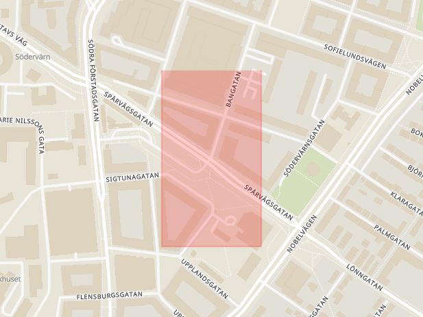 Karta som med röd fyrkant ramar in Bangatan, Spårvägsgatan, Malmö, Skåne län