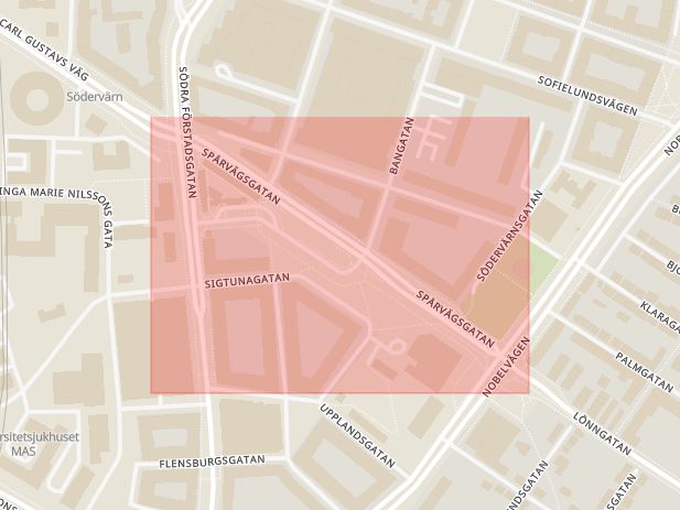Karta som med röd fyrkant ramar in Spårvägsgatan, Malmö, Skåne län