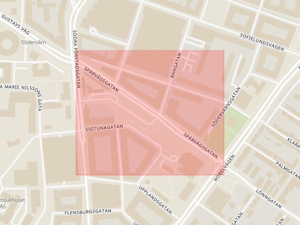 Karta som med röd fyrkant ramar in Claesgatan, Spårvägsgatan, Malmö, Skåne län