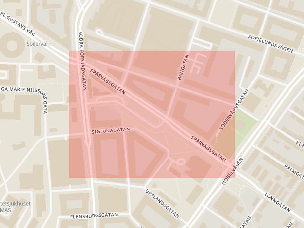 Karta som med röd fyrkant ramar in Spårvägsgatan, Malmö, Skåne län