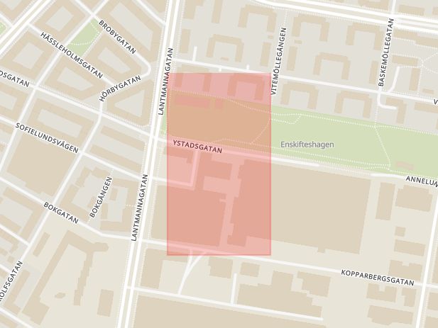 Karta som med röd fyrkant ramar in Lantmannagatan, Ystadsgatan, Malmö, Skåne län