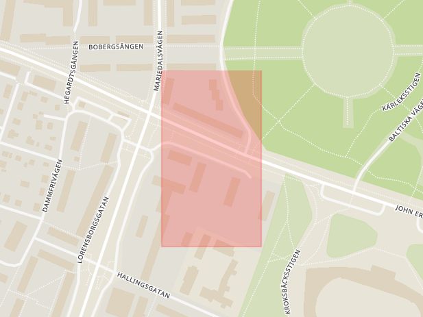 Karta som med röd fyrkant ramar in Lorensborg, Falkmansgatan, Malmö, Skåne län