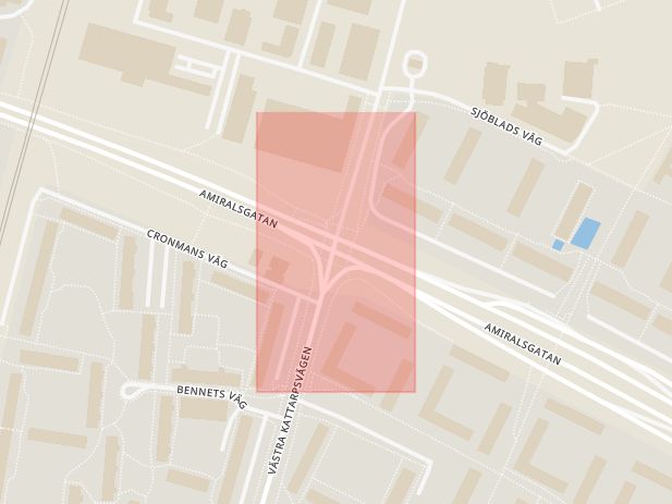 Karta som med röd fyrkant ramar in Amiralsgatan, Västra Kattarpsvägen, Malmö, Skåne län