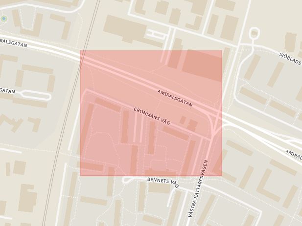 Karta som med röd fyrkant ramar in Cronmans Väg, Amiralsgatan, Malmö, Skåne län