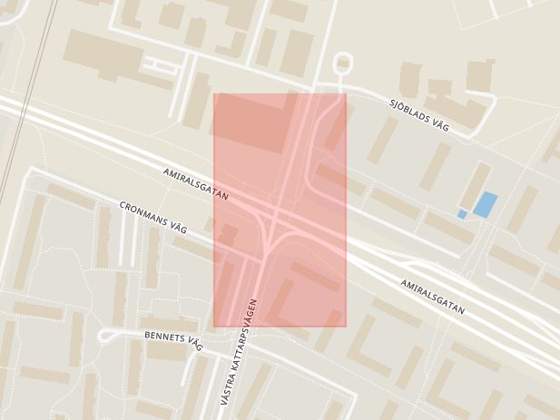 Karta som med röd fyrkant ramar in Amiralsgatan, Scheelegatan, Malmö, Skåne län