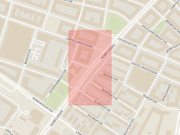 Karta som med röd fyrkant ramar in Möllevången, Nobelvägen, Plantgatan, Malmö, Skåne län
