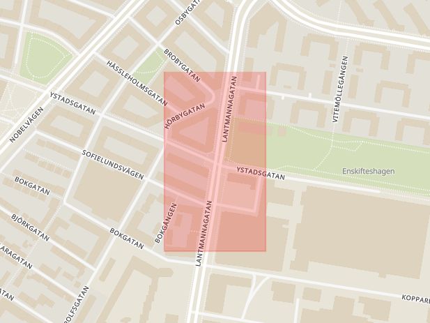 Karta som med röd fyrkant ramar in Ystadsgatan, Lantmannagatan, Malmö, Skåne län