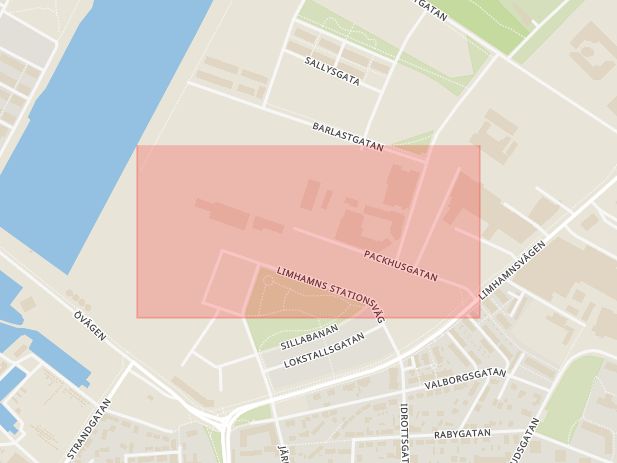 Karta som med röd fyrkant ramar in Limhamn, Packhusgatan, Malmö, Skåne län