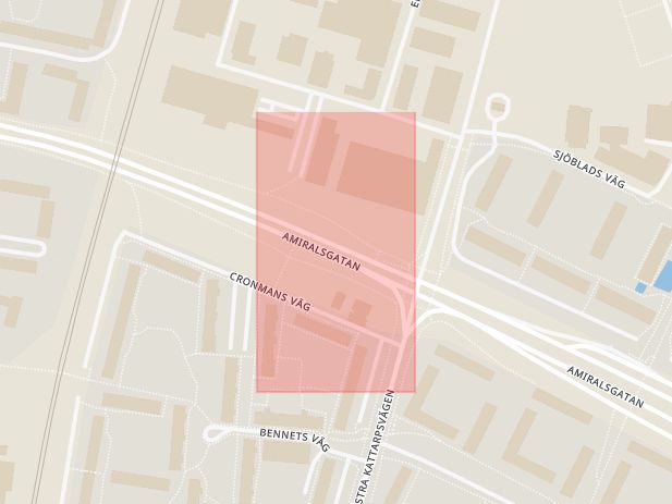 Karta som med röd fyrkant ramar in Emilstorp, Amiralsgatan, Scheelegatan, Malmö, Skåne län