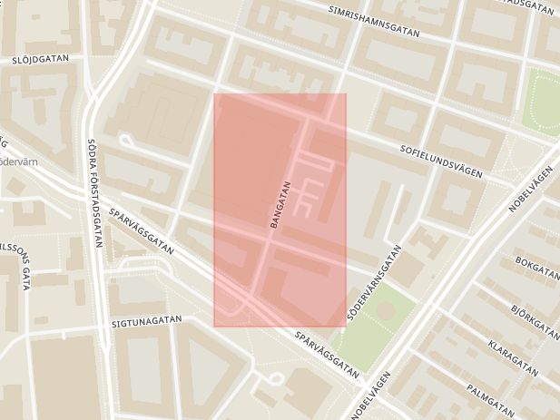 Karta som med röd fyrkant ramar in Möllevången, Bangatan, Malmö, Skåne län