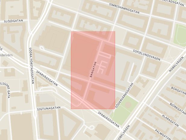Karta som med röd fyrkant ramar in Bangatan, Malmö, Skåne län