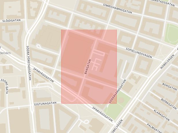 Karta som med röd fyrkant ramar in Bangatan, Malmö, Skåne län