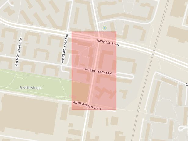 Karta som med röd fyrkant ramar in Norra Grängesbergsgatan, Vitemöllegatan, Malmö, Skåne län
