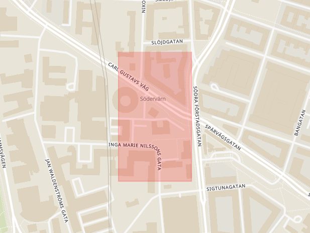 Karta som med röd fyrkant ramar in Södervärn, Ruth Lundskogs Gata, Malmö, Skåne län