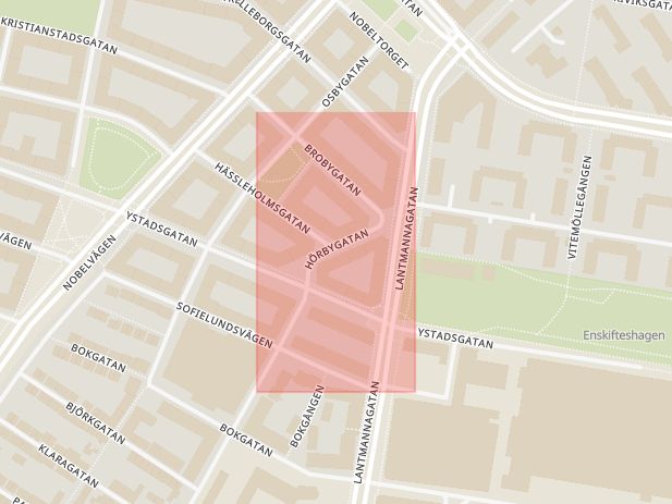 Karta som med röd fyrkant ramar in Hörbygatan, Malmö, Skåne län