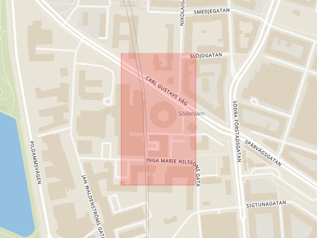 Karta som med röd fyrkant ramar in Akutmottagning, Malmö, Skåne län