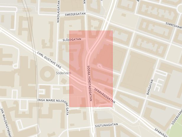 Karta som med röd fyrkant ramar in Möllevången, Södra Förstadsgatan, Malmö, Skåne län