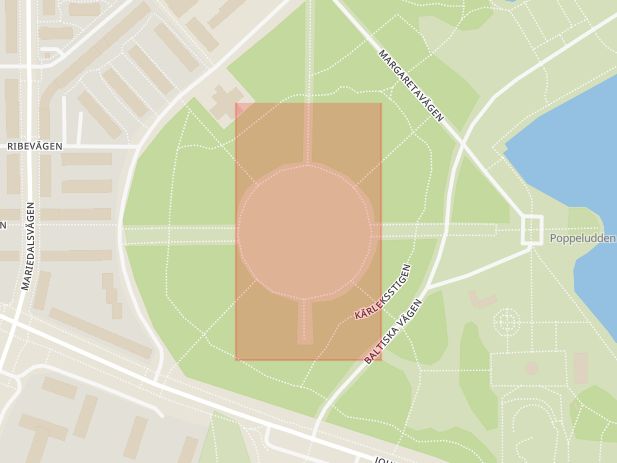 Karta som med röd fyrkant ramar in Pildammsparken, John Ericssons Väg, Malmö, Skåne län