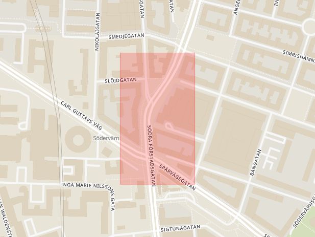 Karta som med röd fyrkant ramar in Västra Innerstaden, Malmö, Skåne län