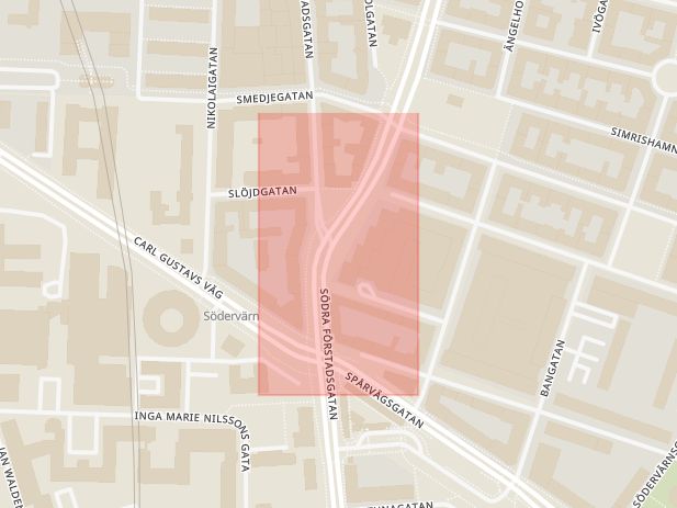 Karta som med röd fyrkant ramar in Södra Innerstaden, Malmö, Skåne län