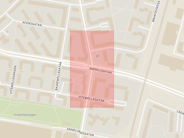 Karta som med röd fyrkant ramar in Annelund, Norra Grängesbergsgatan, Amiralsgatan, Malmö, Skåne län